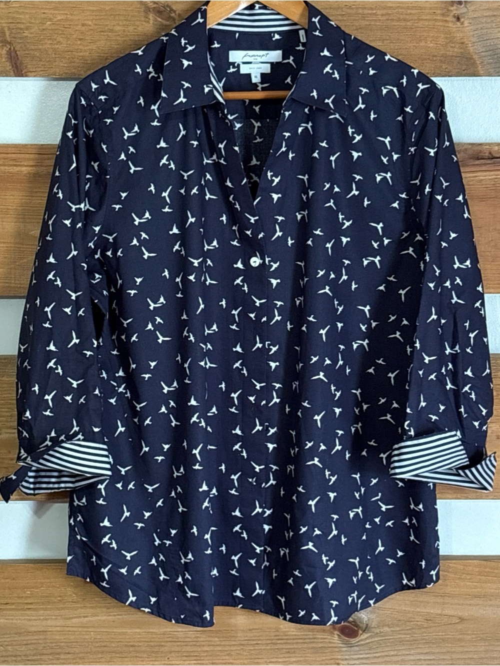 Foxcroft NYC Easy Care Navy 3/4 Sleeve Button Down White Birds Collared Size XL